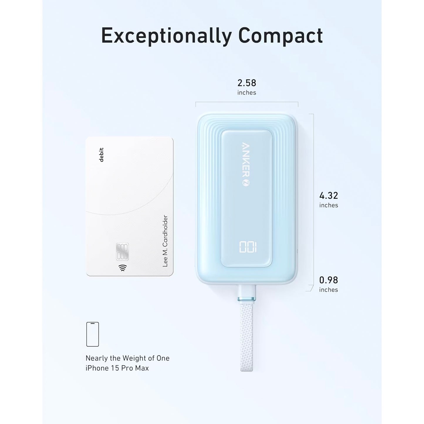 Anker Zolo External Battery, 10000mAh, 30W, QC + PD, 1 x USB-A - 2 x USB-C, Blue A1688031