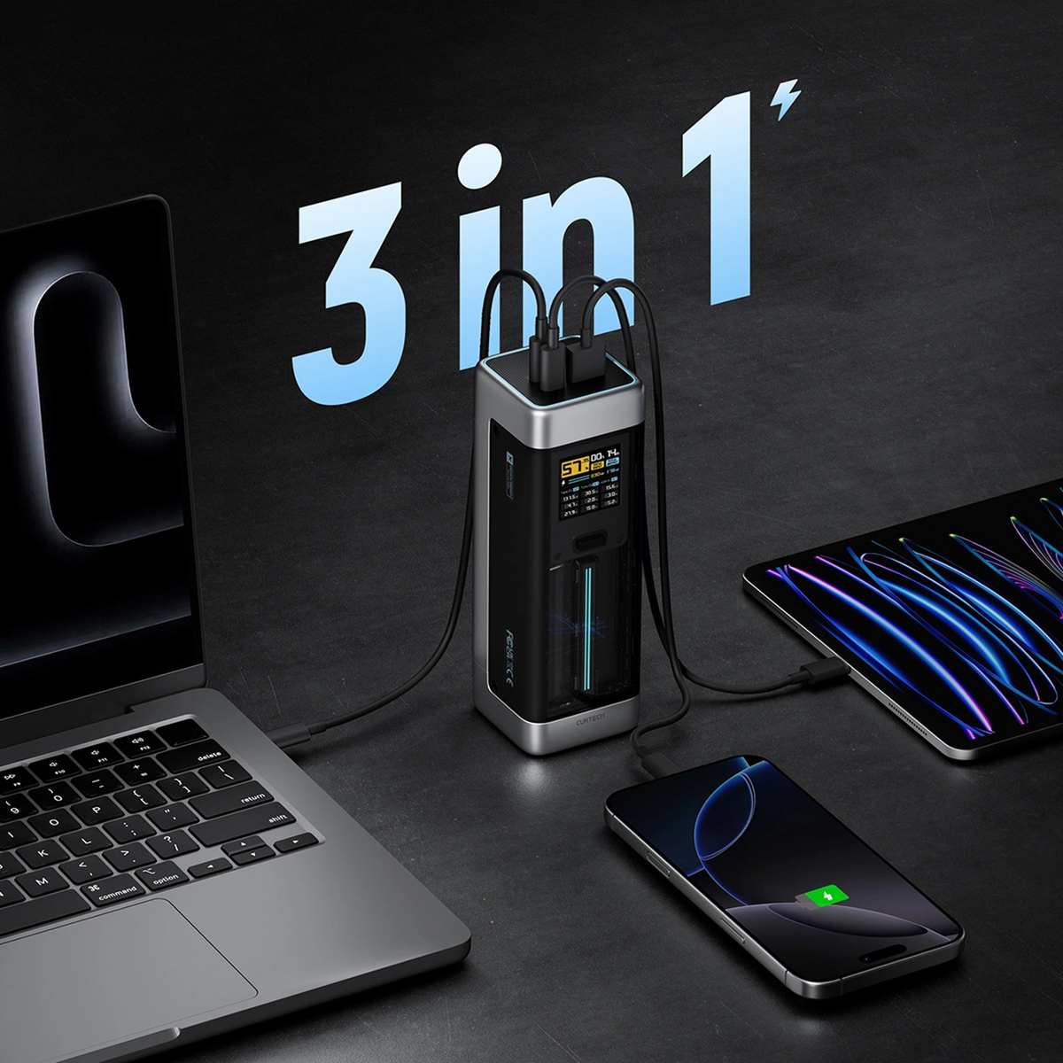 Cuktech External Battery, 25000mAh, 210W, QC + PD, 1 x USB-A - 2 x USB-C, Black CUK00P23GLBK