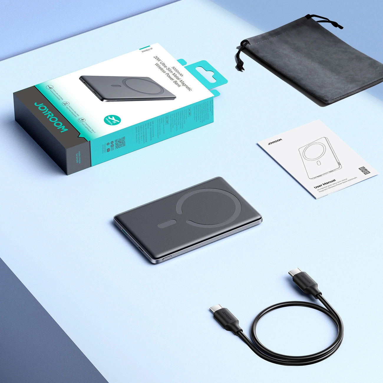 Joyroom JR-PBM08 Wireless External Battery, 5000mAh, 20W, PD + FQI, 1 x QI - 1 x USB-C, Grey