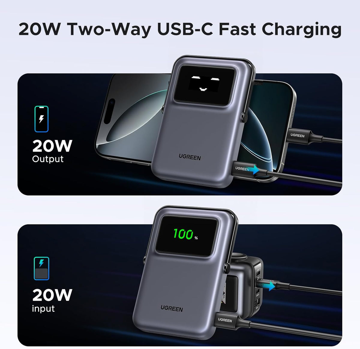 UGREEN PB572 Uno Wireless External Battery, 10000mAh, 20W, PD + FQI, 1 x QI - 1 x USB-C, Gray