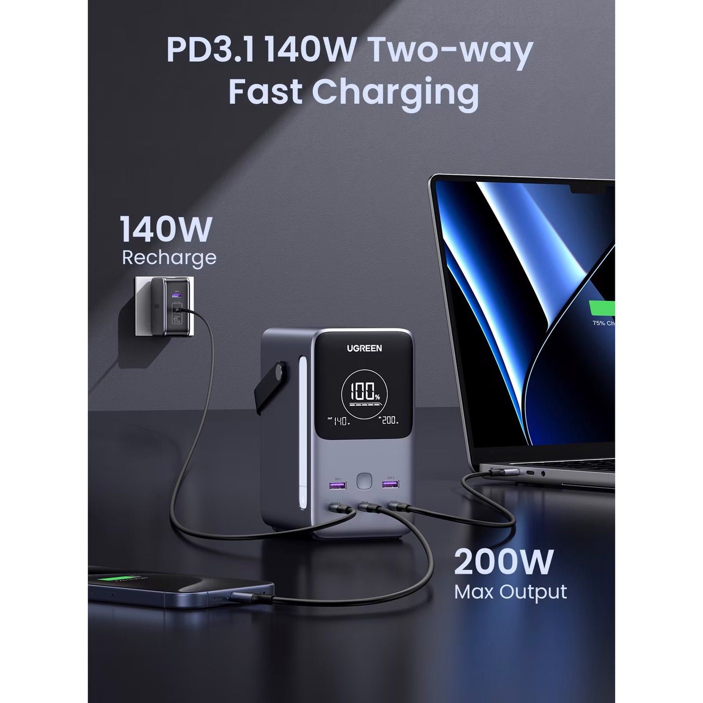 UGREEN PB770 External Battery, 48000mAh, 300W, QC + PD, 2 x USB-A - 3 x USB-C, Gray