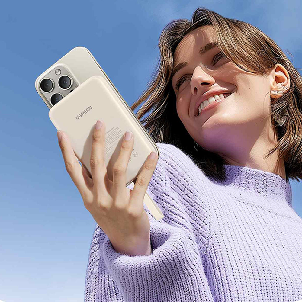 UGREEN PB760 Wireless External Battery, 10000mAh, 20W, PD + FQI, 1 x QI - 1 x USB-C, Beige