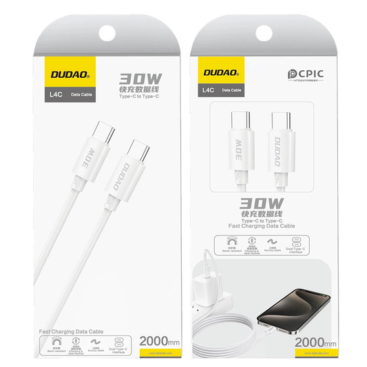 USB-C Data and Charging Cable - USB-C Dudao L4C, 30W, 2m, White