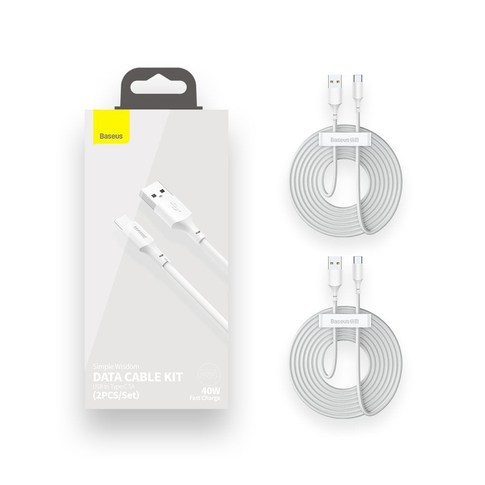 Baseus USB-A to USB-C Data and Charging Cable, 40W, 1.5m, Set of 2 pieces, White TZCATZJ-02