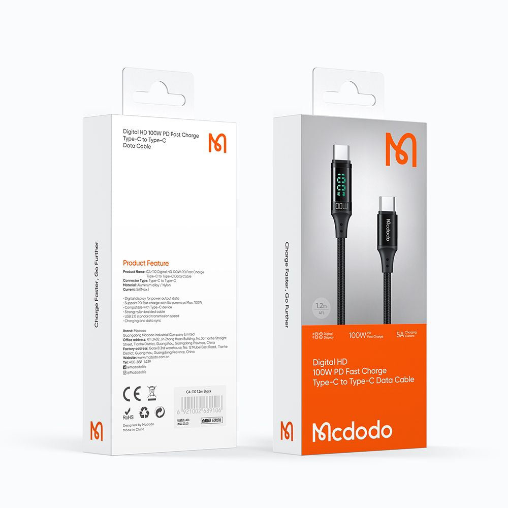 USB-C Data and Charging Cable - USB-C McDodo CA-1100 Display, 100W, 1.2m, Black