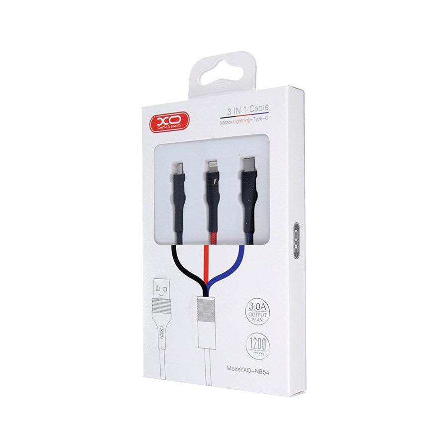 USB-A to Lightning / microUSB / USB-C Charging Cable XO Design NB54, 18W, 1.2m, Multicolor