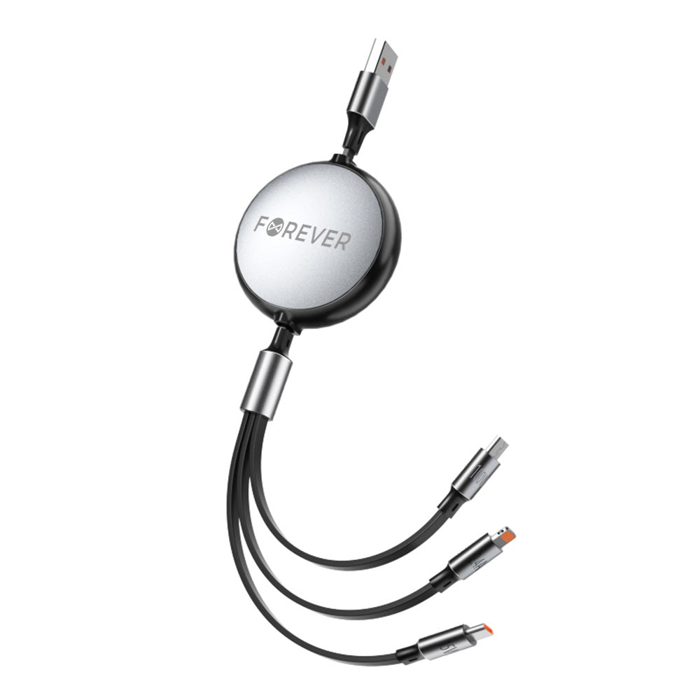 USB-A to Lightning / 2 x USB-C Forever 3in1 Charging Cable, 100W, 1.2m, Black