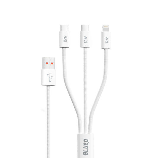 USB-A to Lightning / 2 x USB-C Blueo Charging Cable, 75W, 1.2m, White