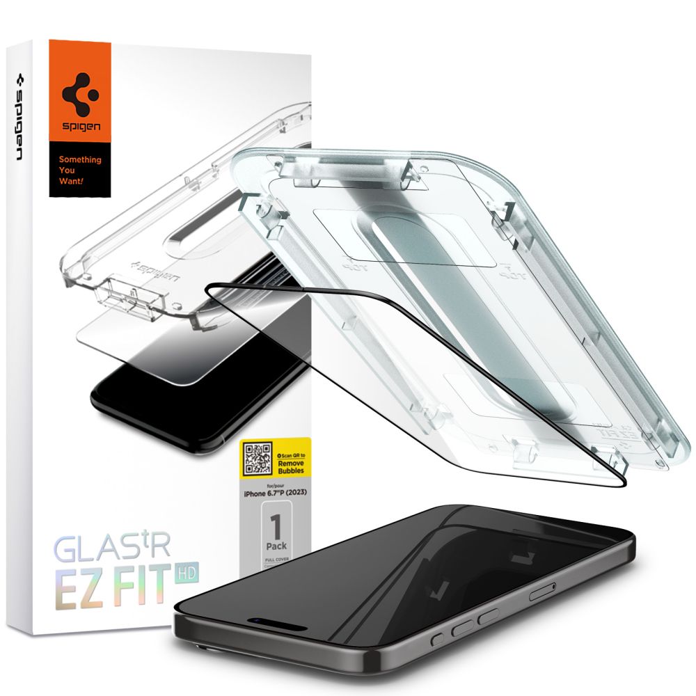 Spigen GlastR EZ FIT HD Screen Protector for Apple iPhone 15, Tempered Glass, Full Glue, 2.5D, Black AGL06908