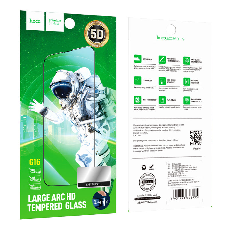 HOCO G16 Screen Protector for Apple iPhone 15 Pro Max, Tempered Glass, Full Glue, 5D, Black