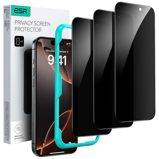 Privacy Screen Protector ESR for Apple iPhone 17 / 16 Pro, Tempered Glass, Full Glue, Set of 3 Pieces