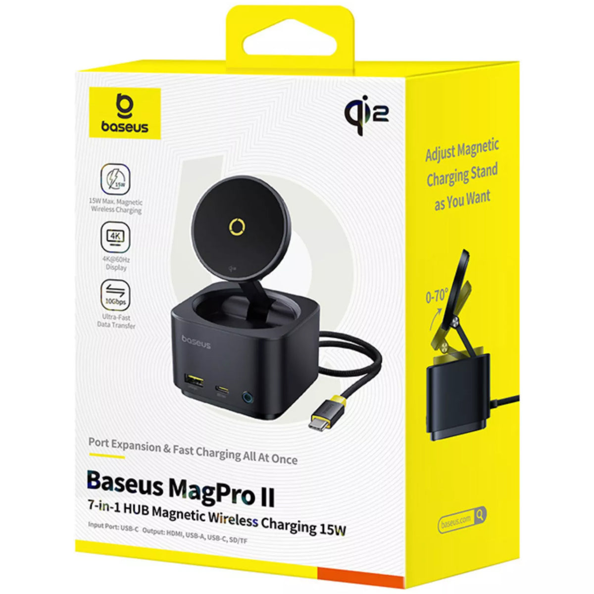Baseus MagPro II 7in1 Multifunctional Hub, 1 x USB-A - 2 x USB-C - 1 x HDMI - 1 x QI - 1 x SD - 1 x microSD, Black B00072900121-00