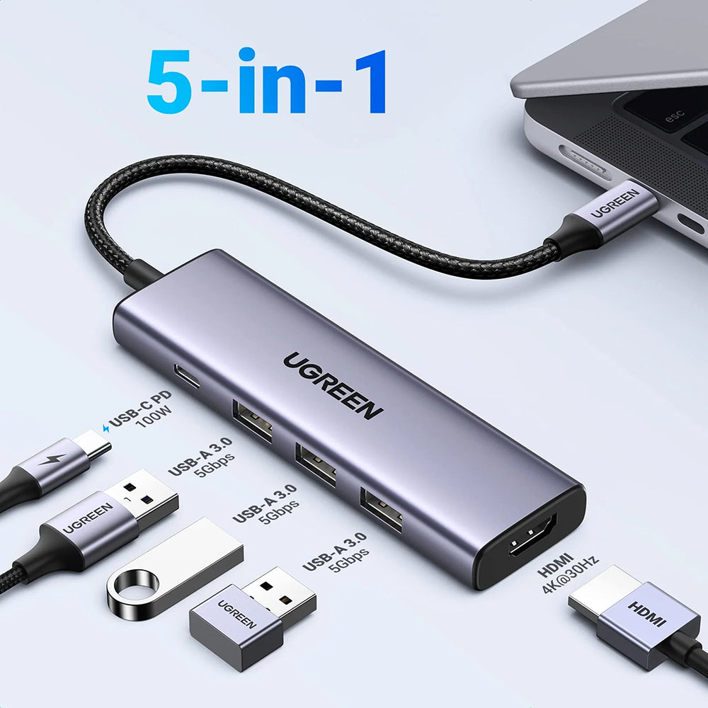 UGREEN CM511 USB-C Hub (15596), 3 x USB-A 3.0 - 1 x USB-C - 1 x HDMI, Gray