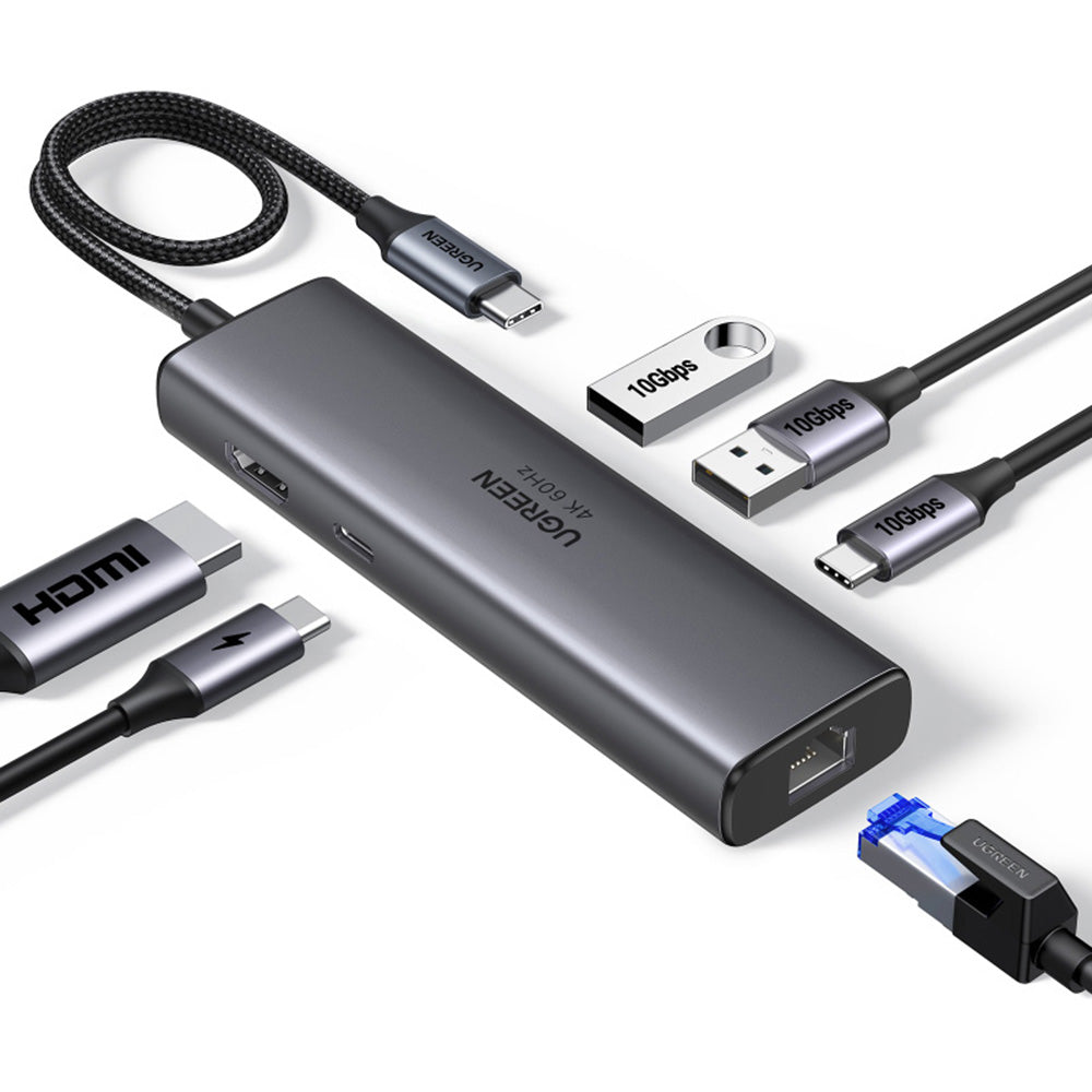 UGREEN CM512 USB-C Hub (45000), 2 x USB-A 3.2 - 2 x USB-C - 1 X HDMI - 1 x RJ45, Gray