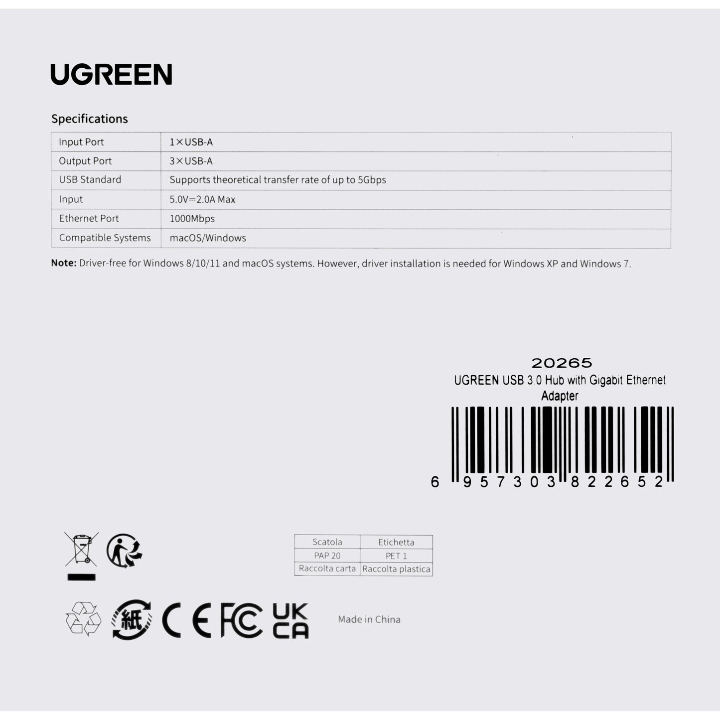 UGREEN 20265 USB Hub, 3 x USB-A 3.0 - 1 x RJ45, Black