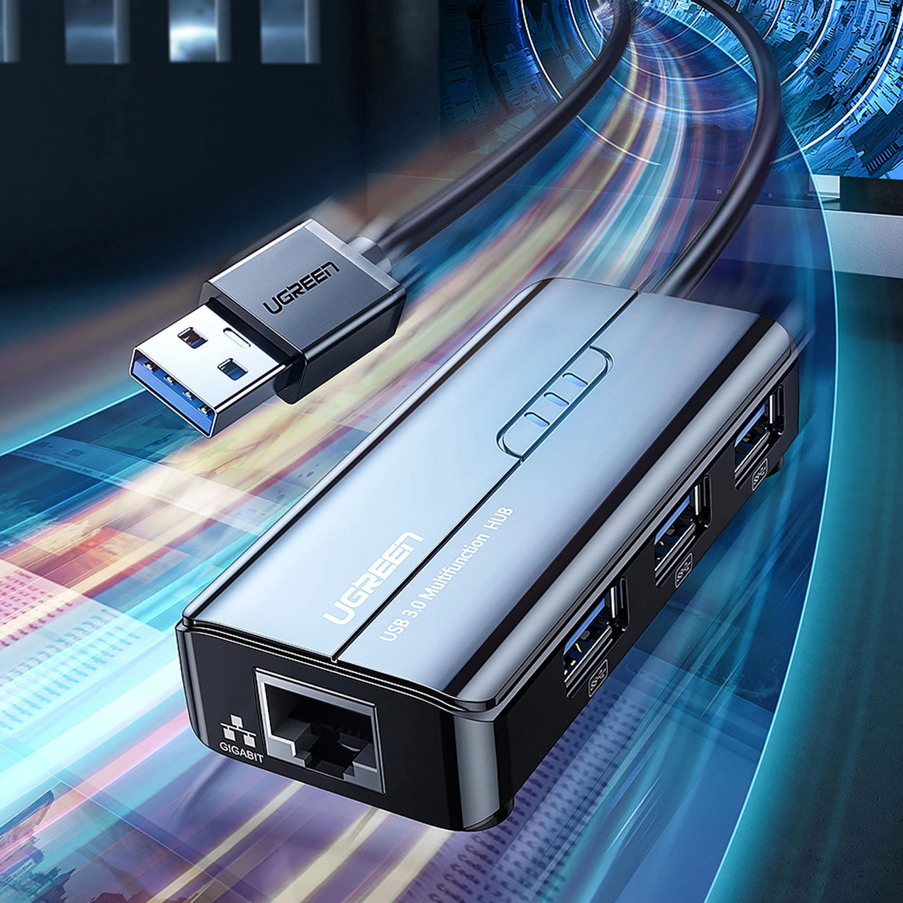 UGREEN 20265 USB Hub, 3 x USB-A 3.0 - 1 x RJ45, Black