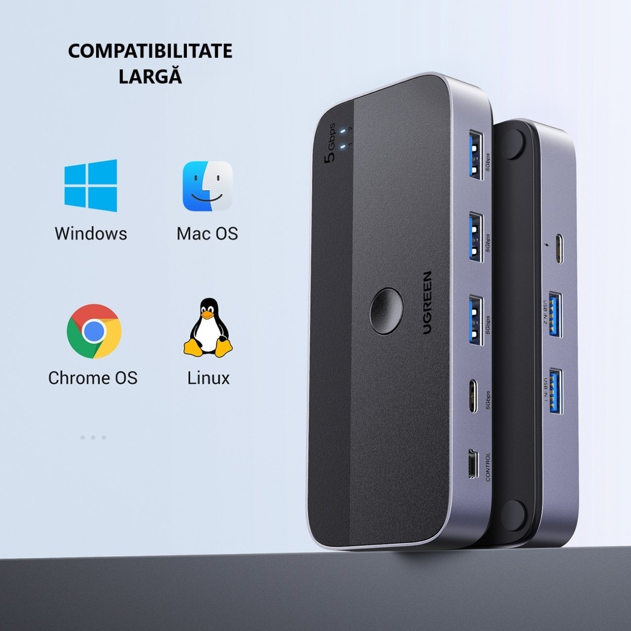 UGREEN CM662 USB Switch, 3 x USB-A 3.0 - 1 x USB-C - 1 x miniUSB, Black