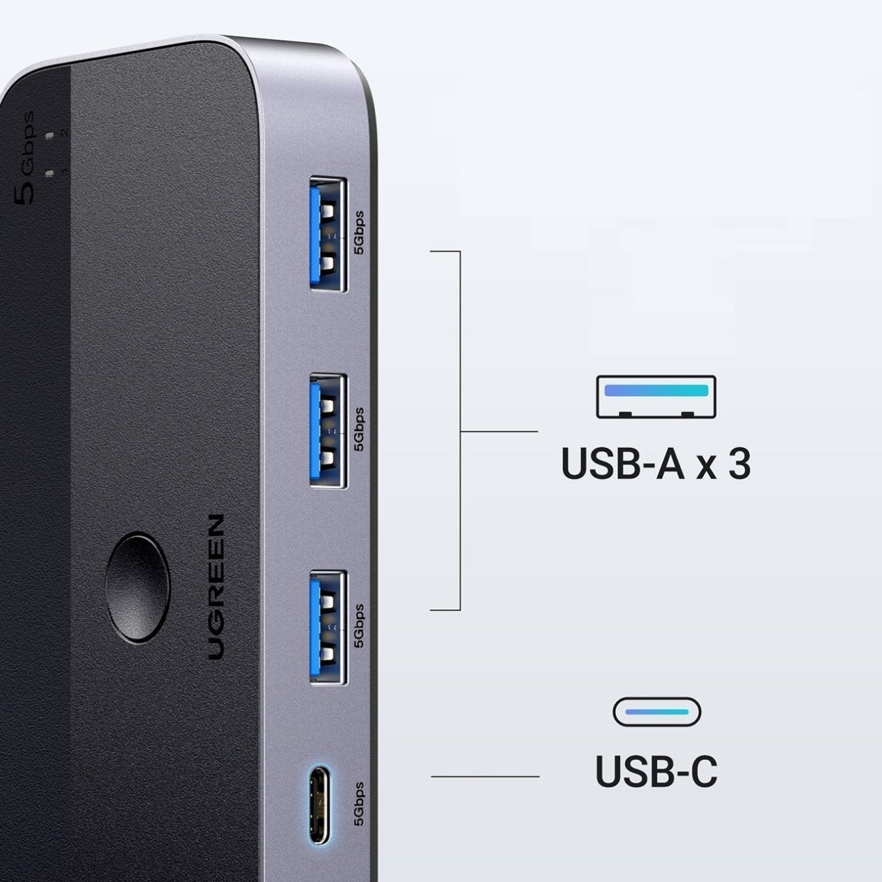 UGREEN CM662 USB Switch, 3 x USB-A 3.0 - 1 x USB-C - 1 x miniUSB, Black