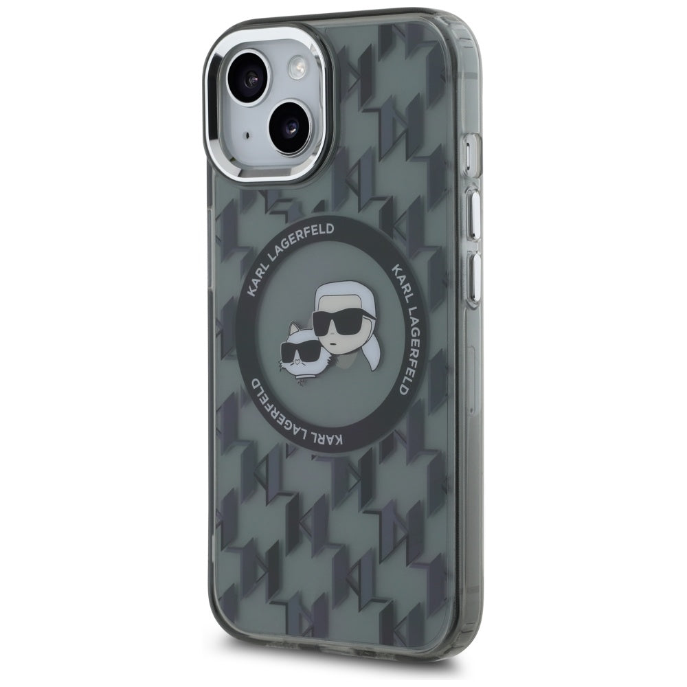 MagSafe Case for Apple iPhone 15 Plus, Karl Lagerfeld, IML Monogram Karl & Choupette's Heads, Black