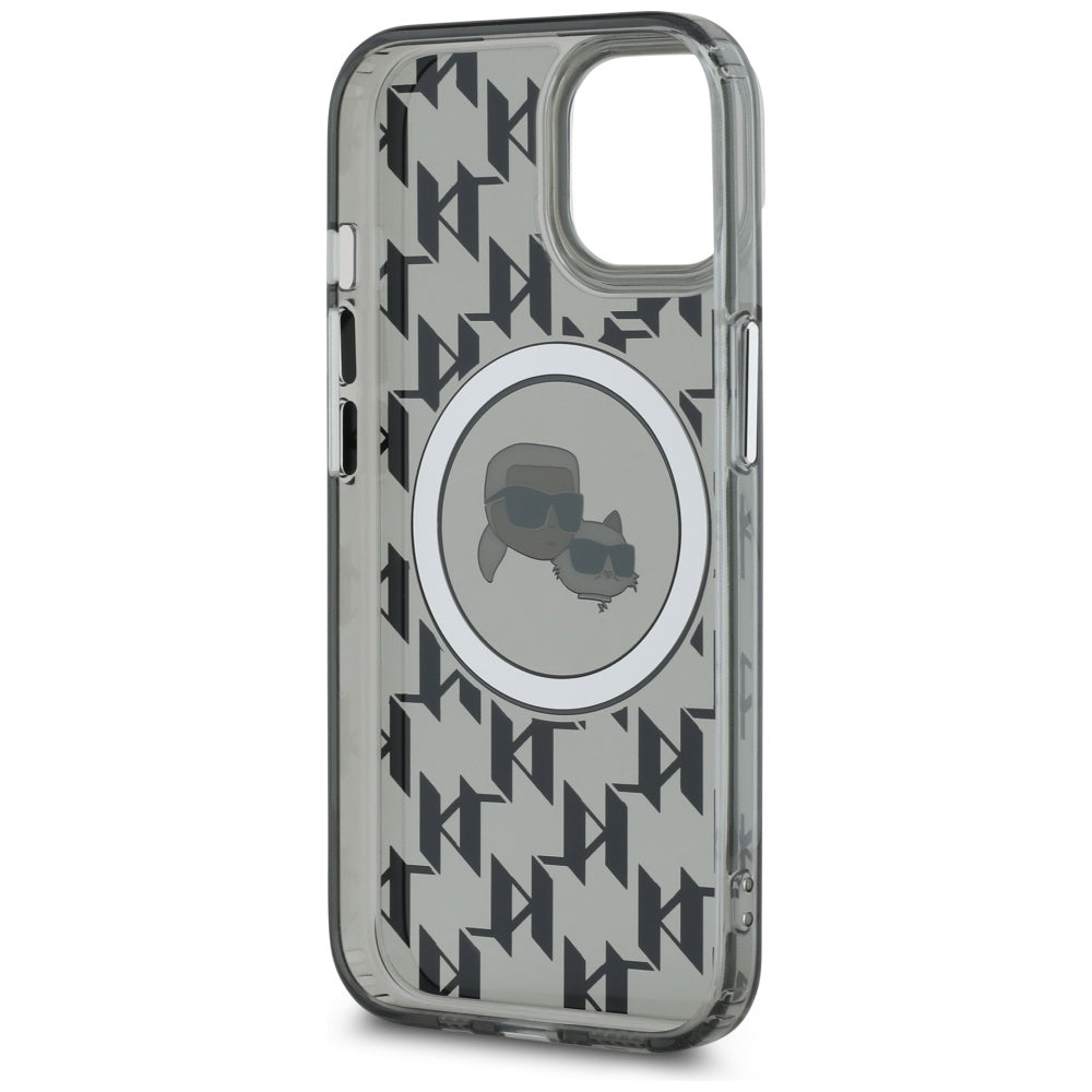 MagSafe Case for Apple iPhone 15 Plus, Karl Lagerfeld, IML Monogram Karl & Choupette's Heads, Black
