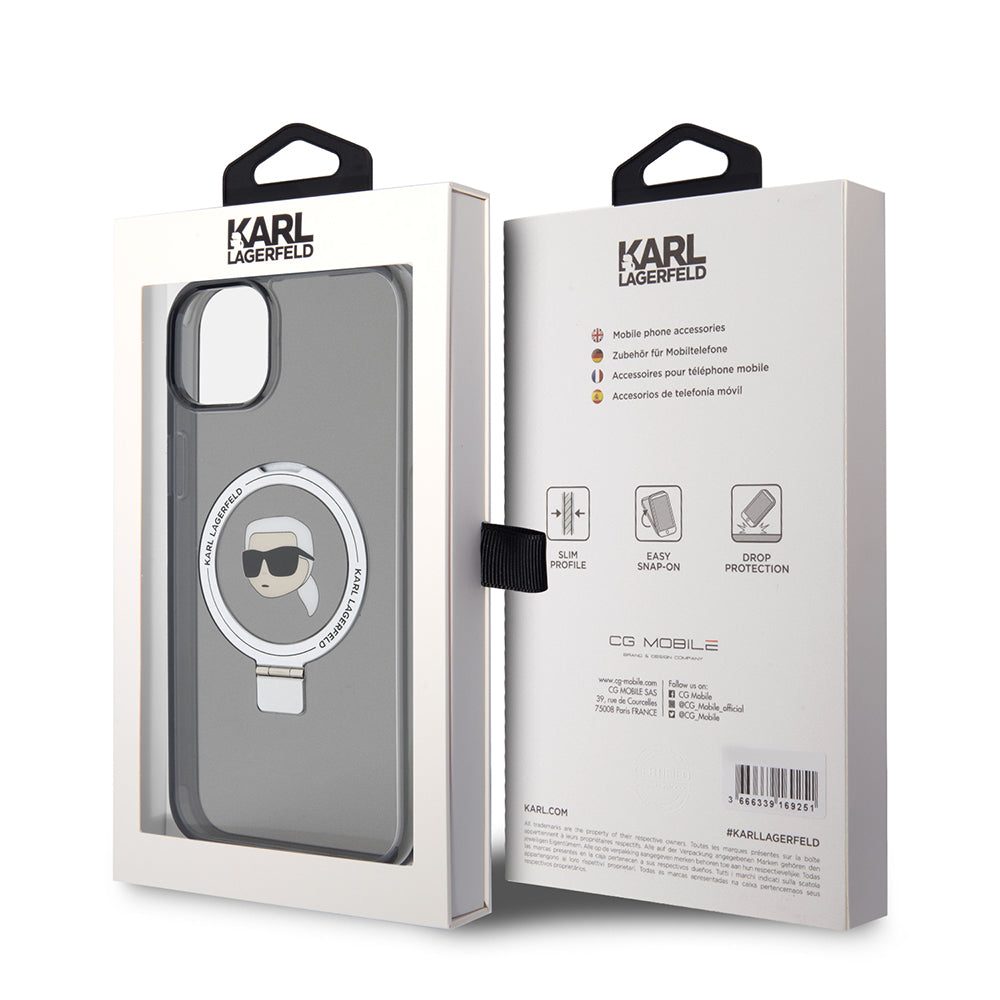 MagSafe Case for Apple iPhone 15 Plus, Karl Lagerfeld, Ring Stand Karl's Head, Black