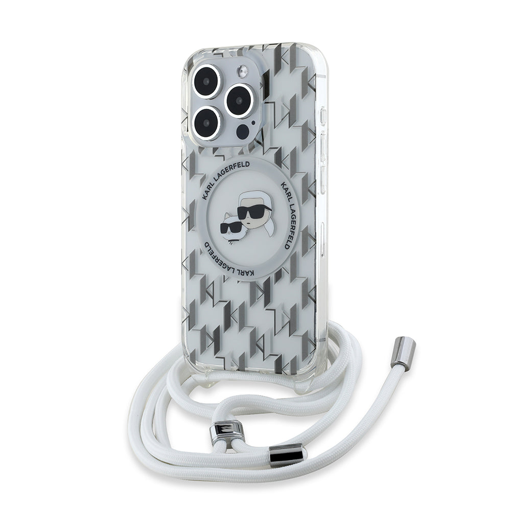 MagSafe Case for Apple iPhone 15 Pro, Karl Lagerfeld, IML Crossbody Monogram Karl & Choupette's Heads, Transparent
