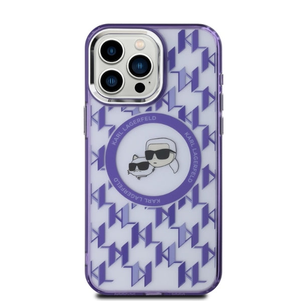 MagSafe Case for Apple iPhone 15 Pro Max, Karl Lagerfeld, IML Monogram Karl & Choupette's Heads, Purple