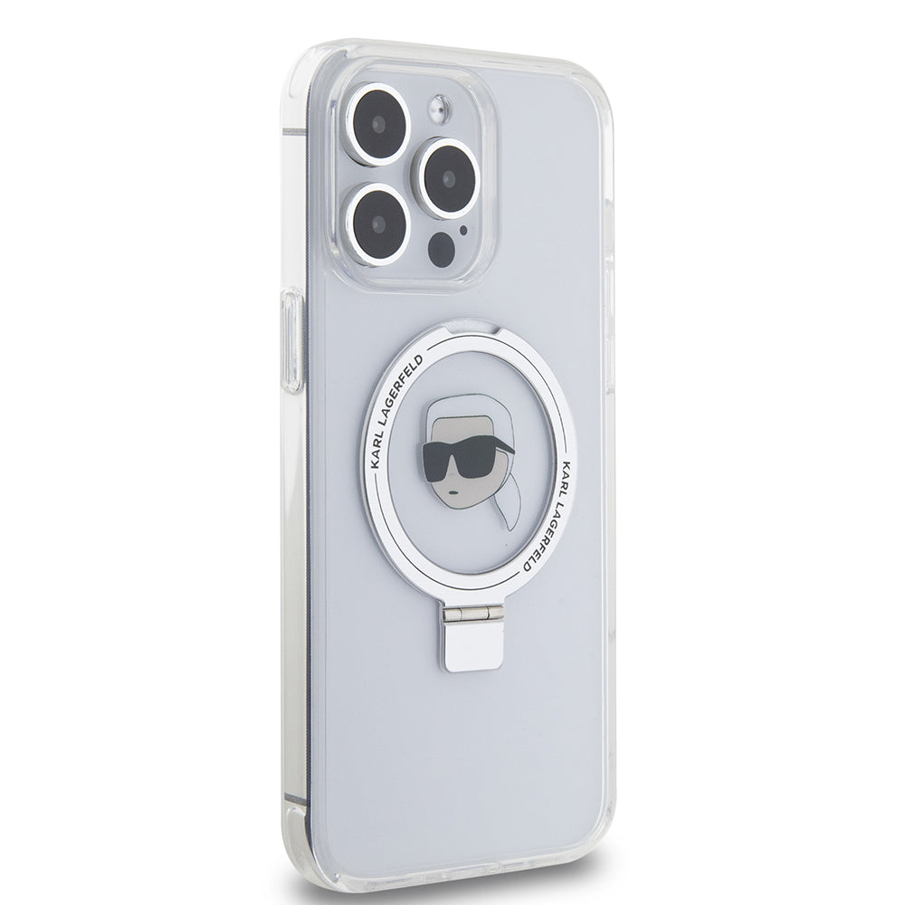 MagSafe Case for Apple iPhone 15 Pro Max, Karl Lagerfeld, Ring Stand Karl's Head, White