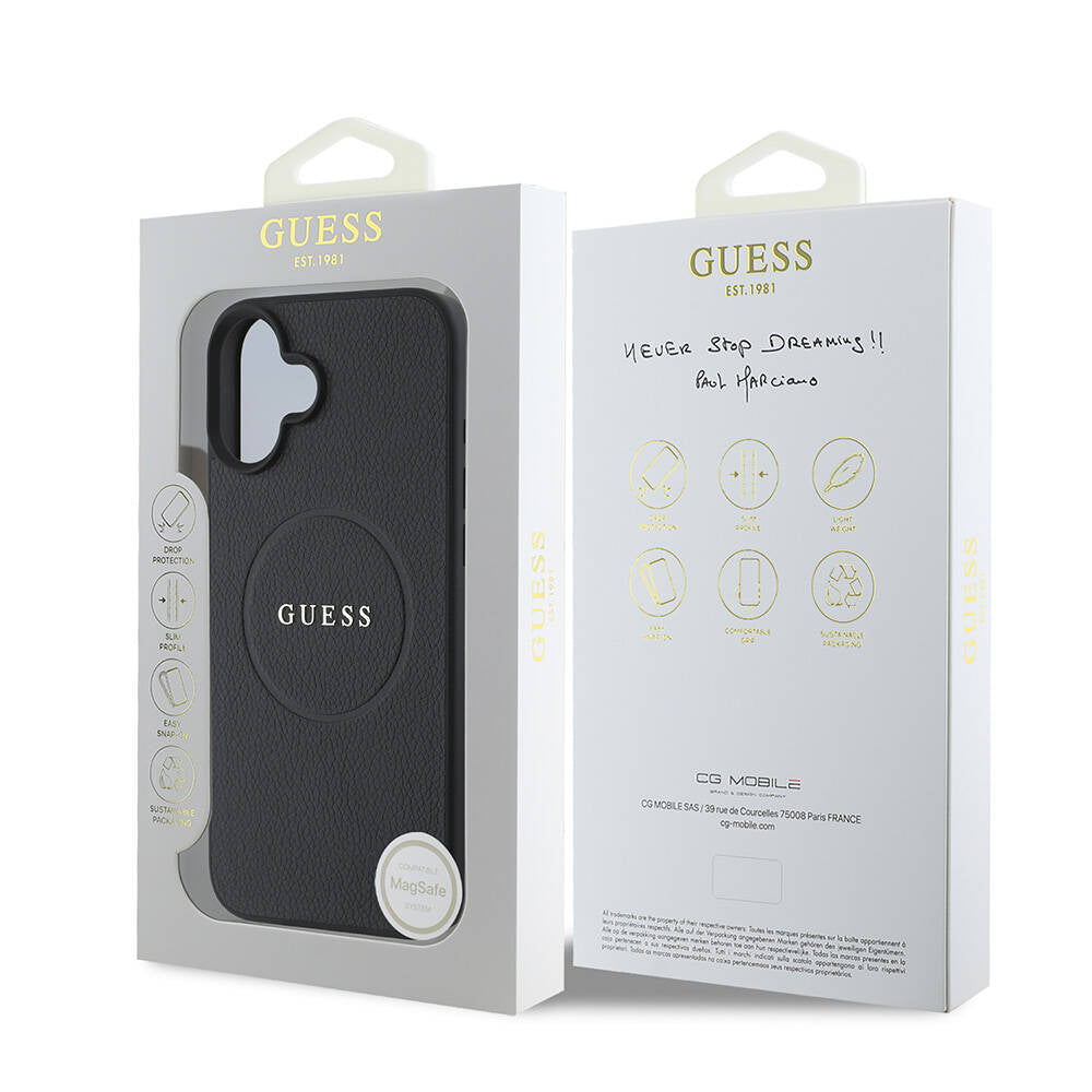 MagSafe Case for Apple iPhone 16, Guess, Grained Gold Ring, Black