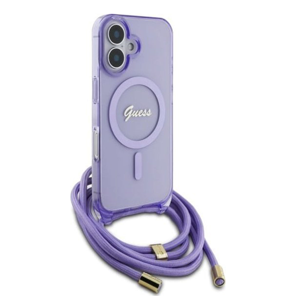 MagSafe Case for Apple iPhone 16, Guess, IML Crossbody Cord Script, Pink