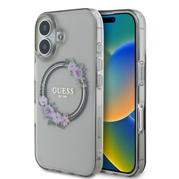 MagSafe Case for Apple iPhone 16, Guess, IML Flowers Wreath, Black