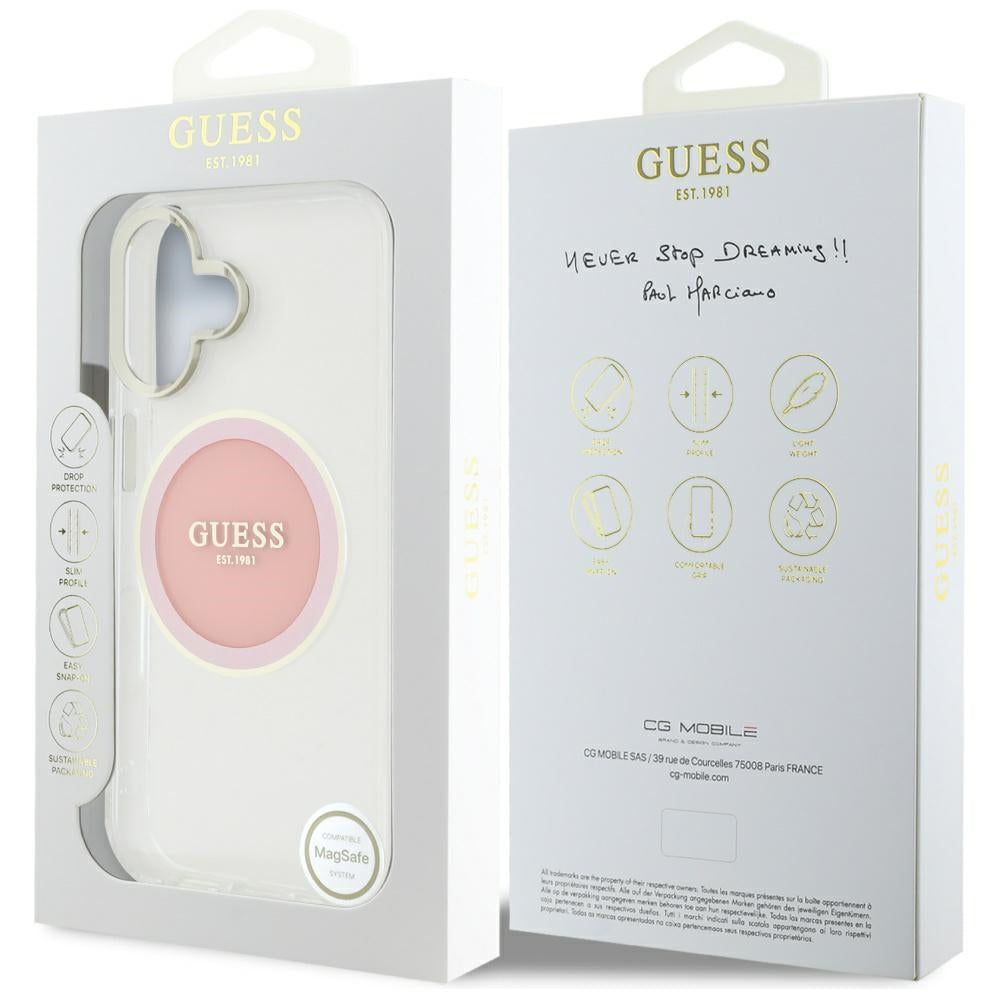 MagSafe Case for Apple iPhone 16, Guess, IML Metal Colored Circle, Pink