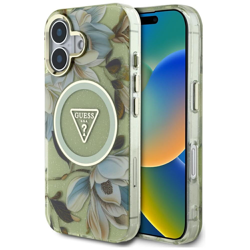 MagSafe Case for Apple iPhone 16, Guess, IML Metal Glitter Flowers Triangle, Green