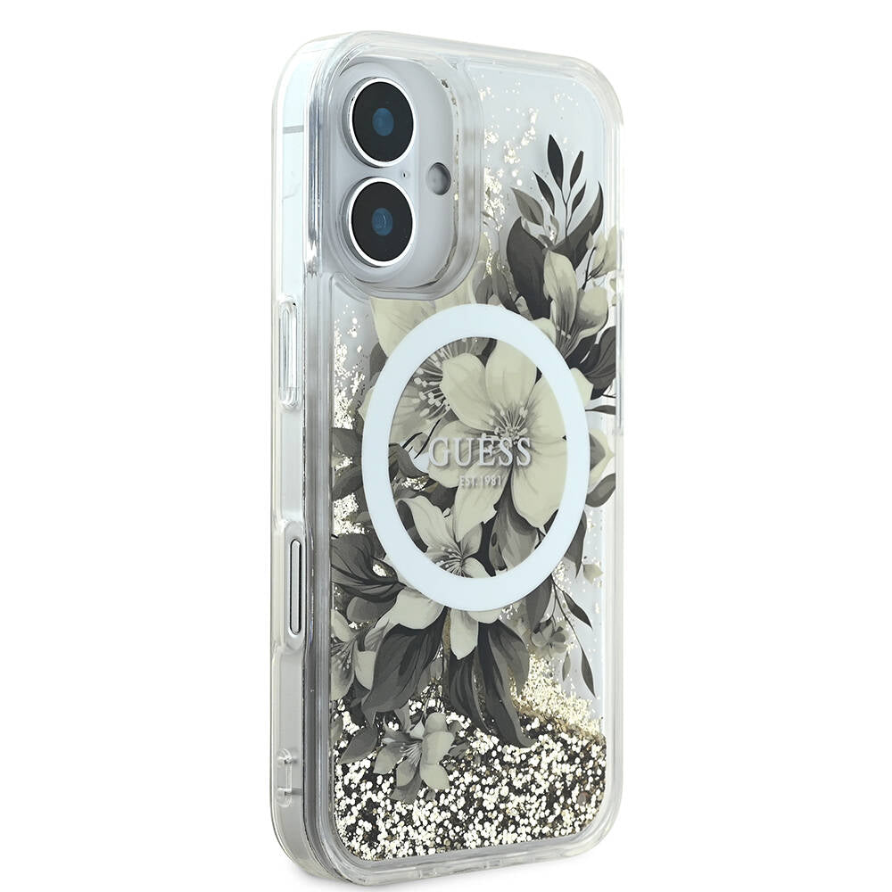 MagSafe Case for Apple iPhone 16, Guess, Liquid Glitter Flower, Pink