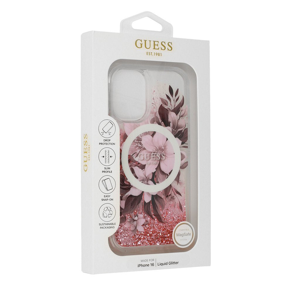 MagSafe Case for Apple iPhone 16, Guess, Liquid Glitter Flower, Pink