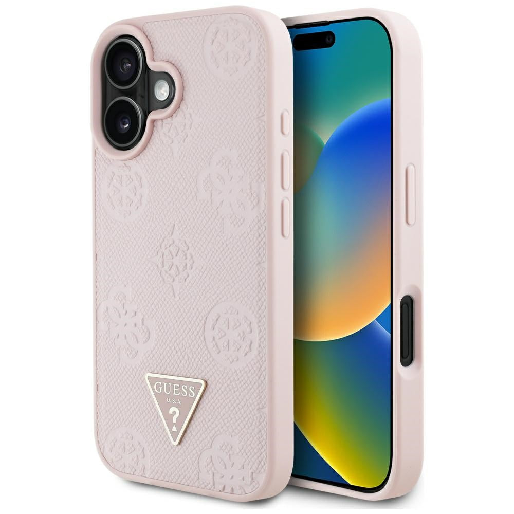 MagSafe Case for Apple iPhone 16, Guess, Peony Grained Hot Stamp Triangle, Pink