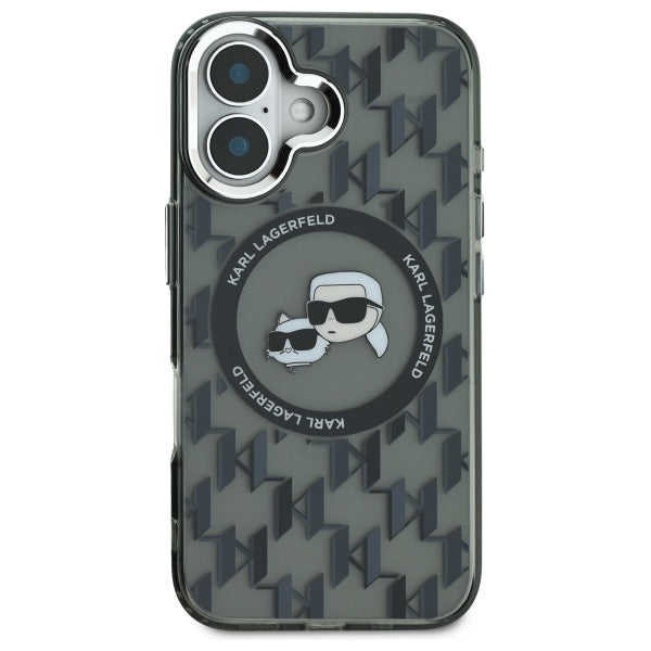 MagSafe Case for Apple iPhone 16, Karl Lagerfeld, IML Monogram Karl & Choupette's Heads, Black