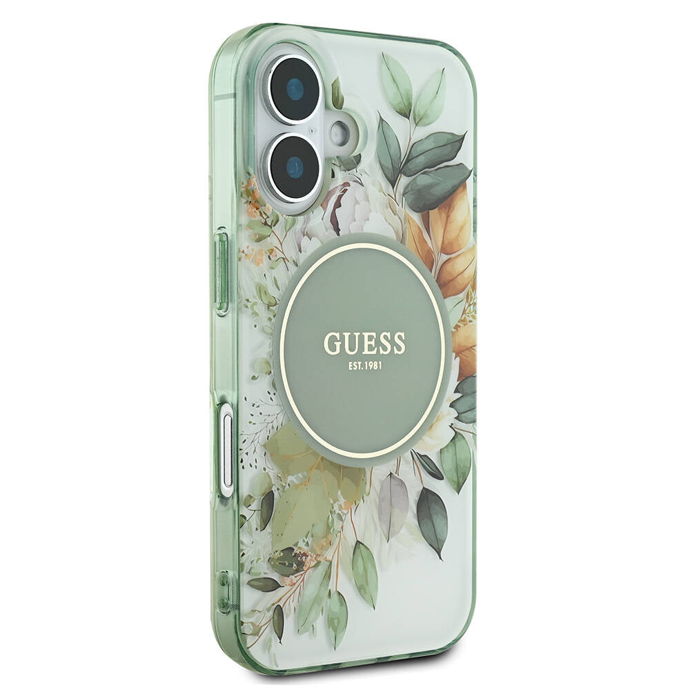 MagSafe Case for Apple iPhone 16 Plus, Guess, IML Flowers with Pearl Strap, Green