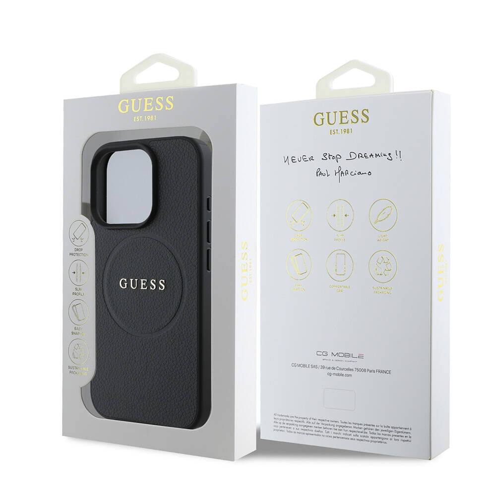 MagSafe Case for Apple iPhone 16 Pro, Guess, Grained Gold Ring, Black
