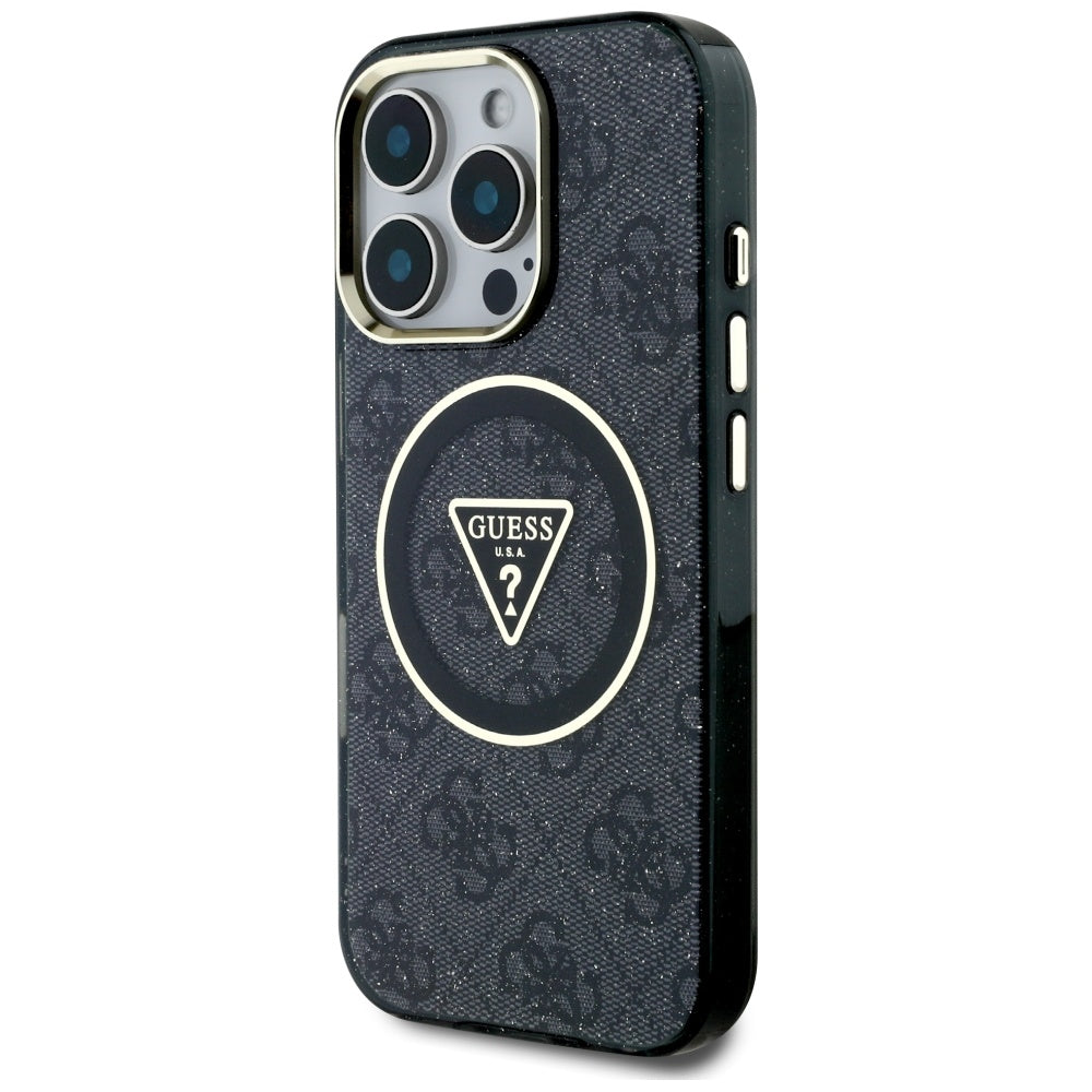 MagSafe Case for Apple iPhone 16 Pro, Guess, IML Glitter 4G Circle Triangle, Black