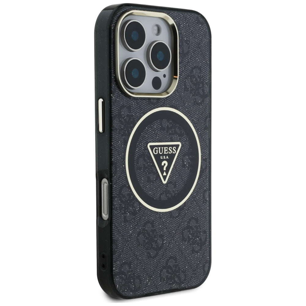 MagSafe Case for Apple iPhone 16 Pro, Guess, IML Glitter 4G Circle Triangle, Black