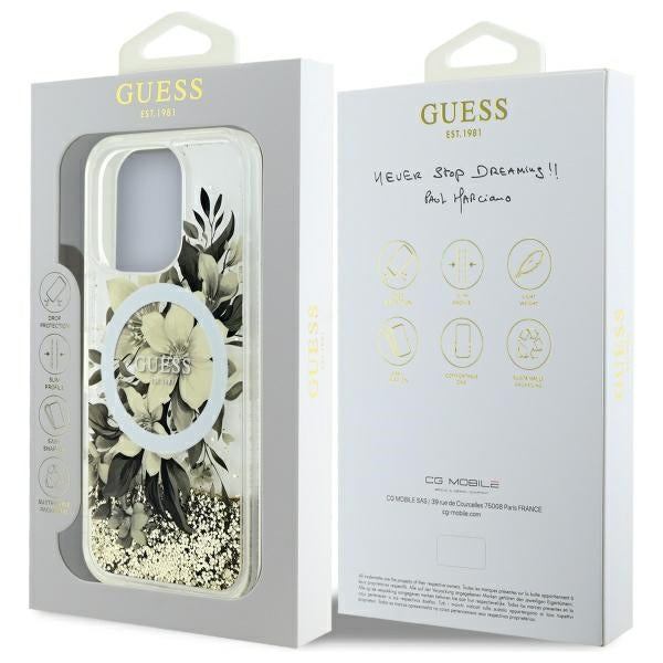 MagSafe Case for Apple iPhone 16 Pro, Guess, Liquid Glitter Flower, Beige