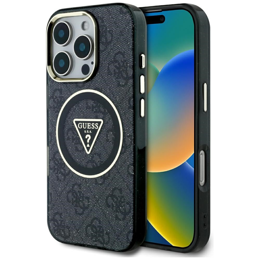 MagSafe Case for Apple iPhone 16 Pro Max, Guess, IML Glitter 4G Circle Triangle, Black