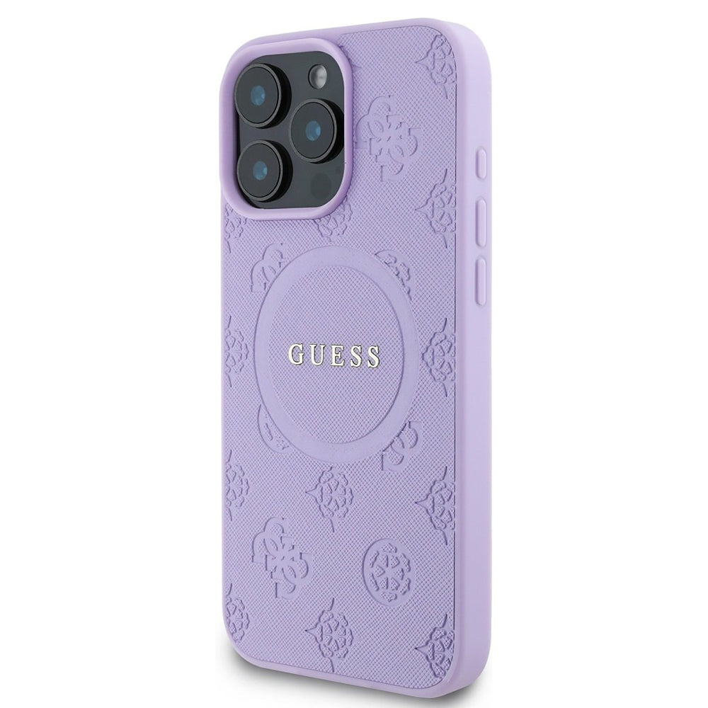 MagSafe Case for Apple iPhone 16 Pro Max, Guess, Saffiano Peony Classic Logo, Purple