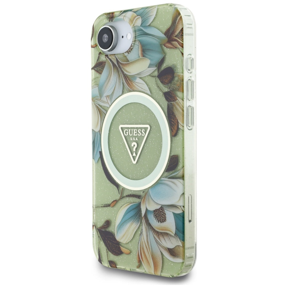 MagSafe Case for Apple iPhone 17e / 16e, Guess, IML Metal Glitter Flowers Triangle, Green