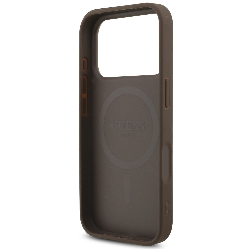MagSafe Case for Apple iPhone 17 Pro, Guess, 4G Triangle Logo with Pearl Strap, Brown