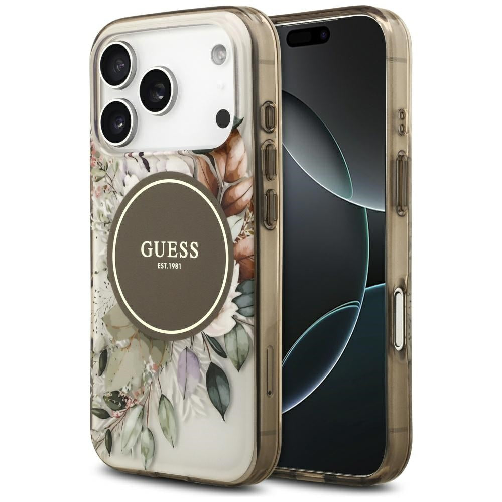 MagSafe Case for Apple iPhone 17 Pro, Guess, IML Flower and Tonal Circle, Brown
