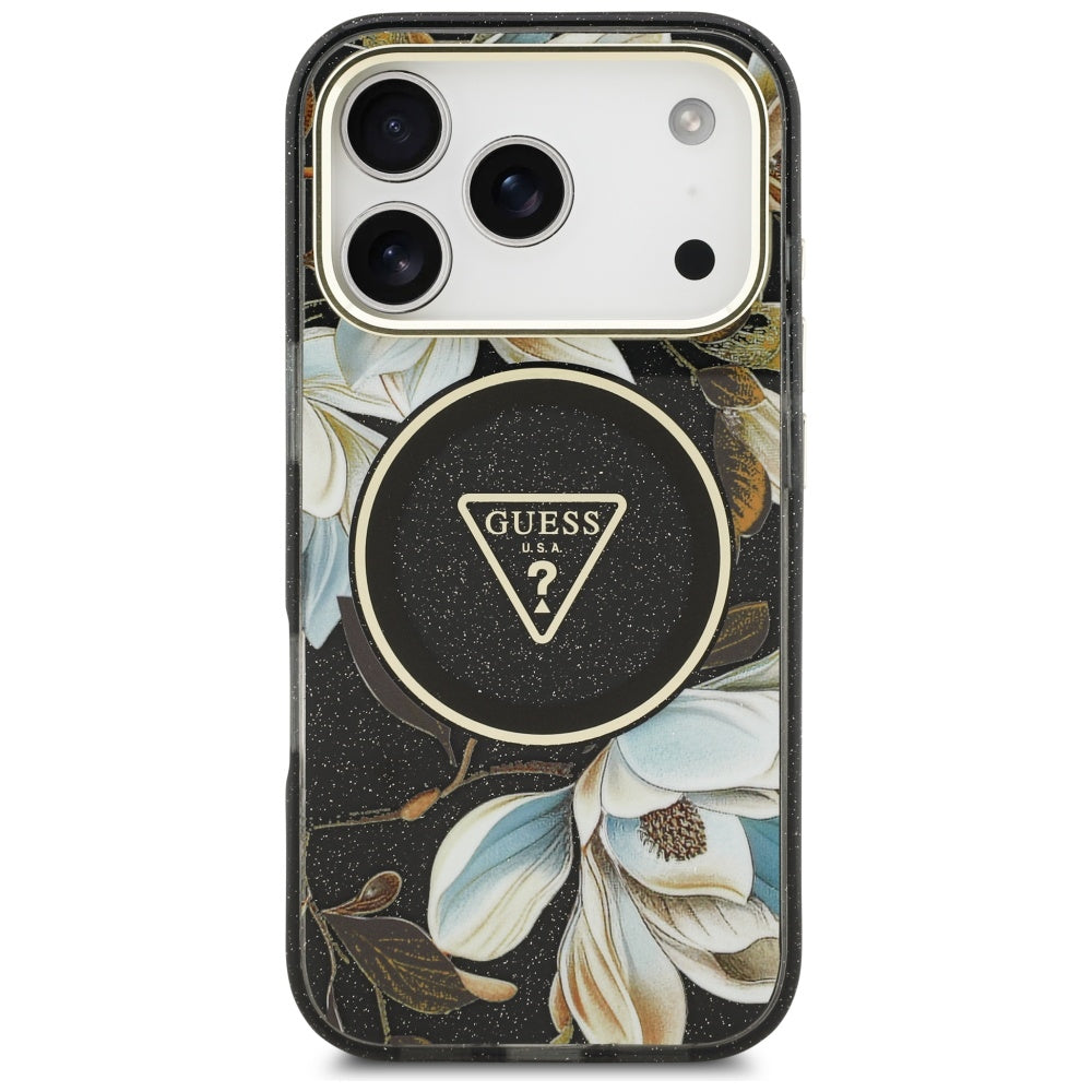 MagSafe Case for Apple iPhone 17 Pro, Guess, IML Metal Glitter Flowers Triangle, Black