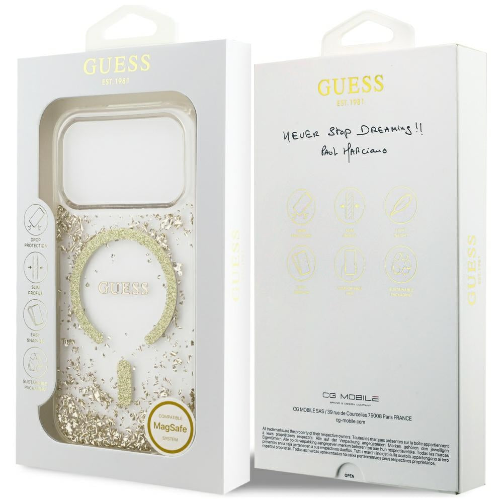 MagSafe Case for Apple iPhone 17 Pro, Guess, Resin Bottom Glitter, Gold