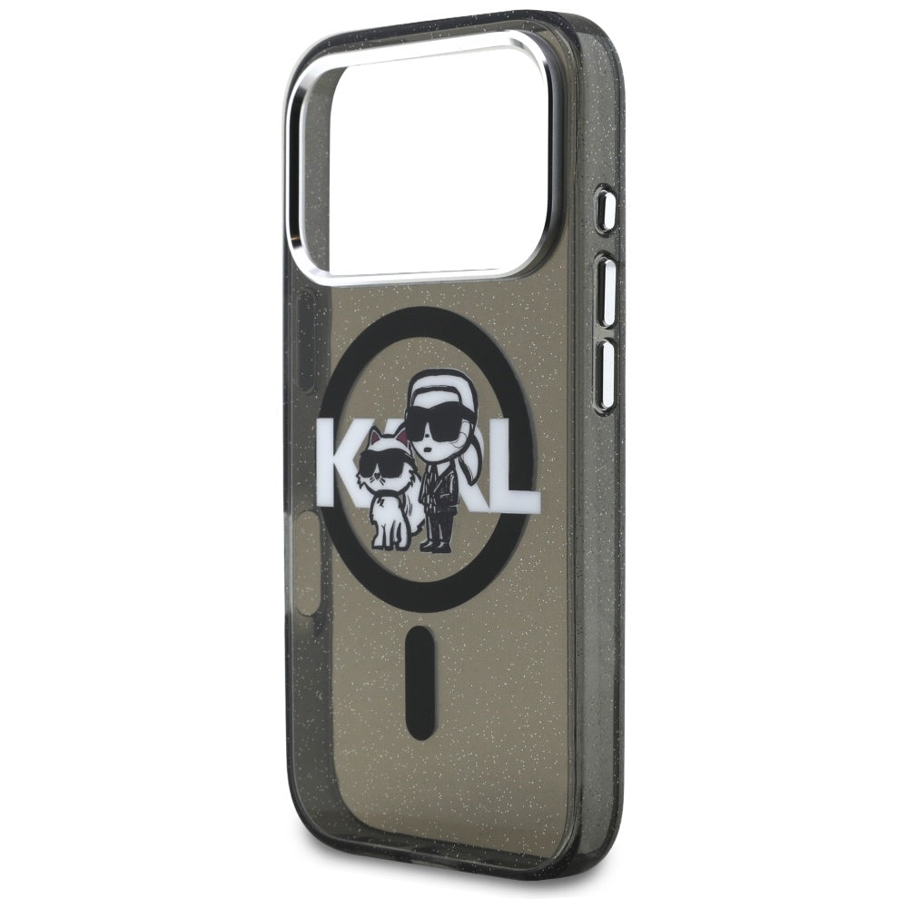MagSafe Case for Apple iPhone 17 Pro, Karl Lagerfeld, IML Sketch Logo Glitter Karl & Choupette, Black